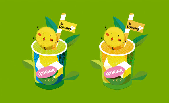 柠檬冰块饮品元素矢量插画