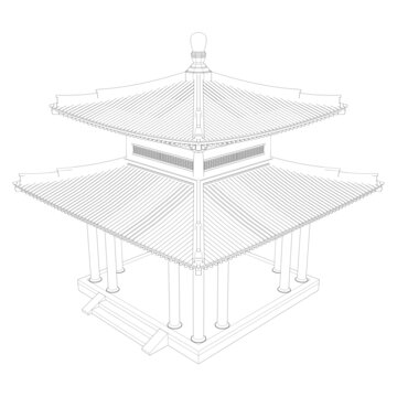 重檐攒尖方亭鸟瞰线稿