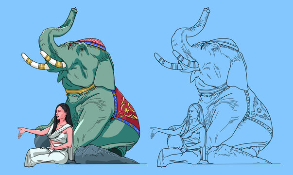 大象女人坐姿上色线稿插画