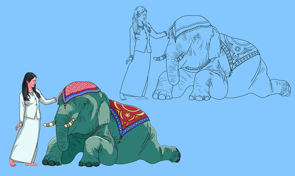 女人站姿趴着的大象插画