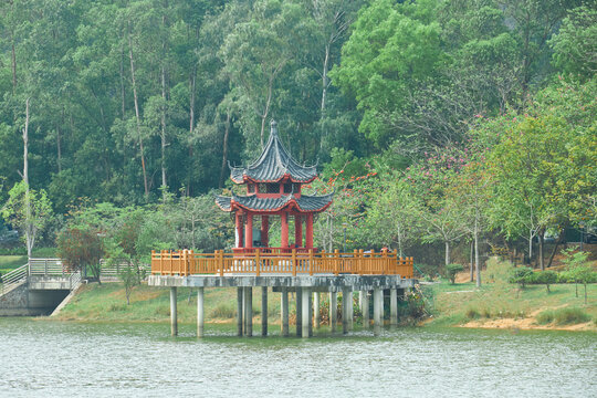 亭台楼阁树木桥梁湖泊古建筑美景