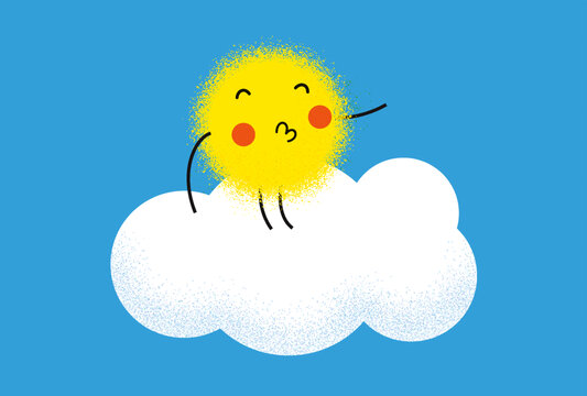 蓝天中云朵上的毛绒太阳矢量插画