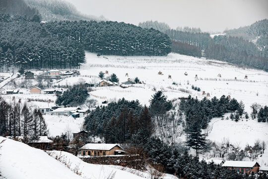 吉林松岭雪村冬季东北农村雪景