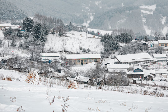 吉林松岭雪村冬季东北农村雪景