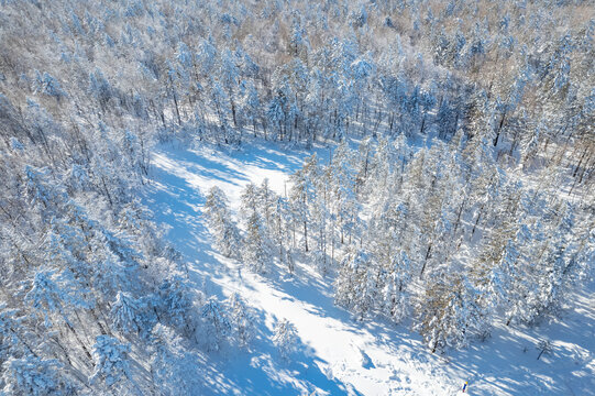 航拍东北雪景旅游森林雪后俯拍