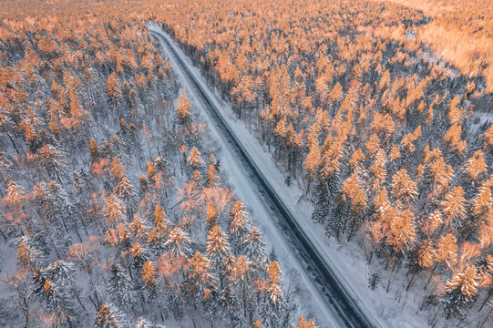 航拍东北雪景旅游森林雪后公路