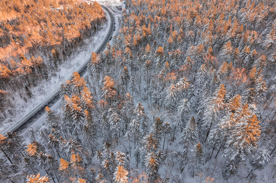 航拍东北雪景旅游森林雪后公路