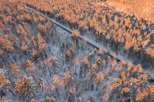 航拍东北雪景旅游森林雪后公路