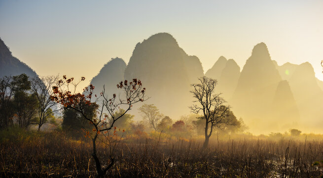 自然山峰日出秋景雾红叶高清图