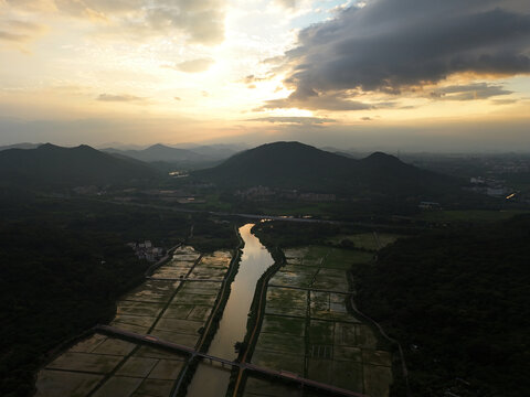 河流稻田晚霞