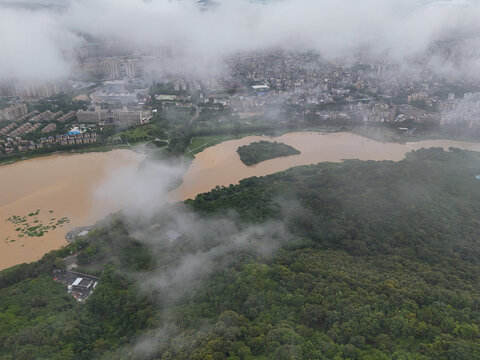 雨雾中的山林河流城市