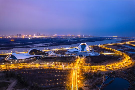 中国黑龙江哈尔滨大剧院夜景航拍