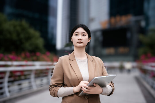 自信女性拿着笔记本走在城市中