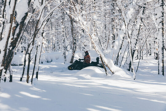 冬季天森林雪景东北雪地摩托滑雪