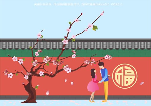 红墙桃花