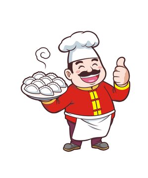 卡通中年男厨师端饺子形象矢量图