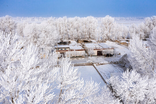 航拍北方冬天农村田园雾凇雪景