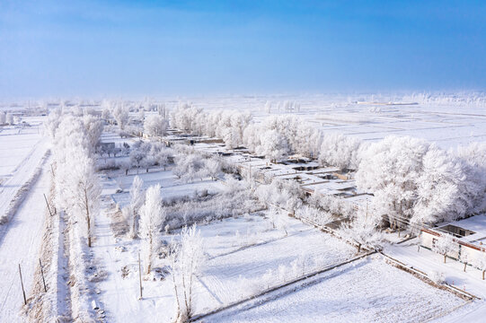 航拍北方冬天农村田园雾凇雪景