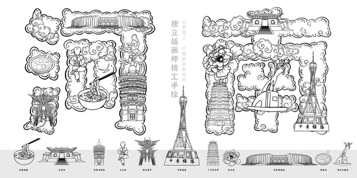 河南地标城市名片旅游宣传插画