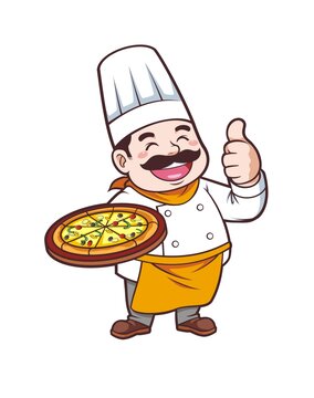 卡通中年男厨师端披萨形象矢量图
