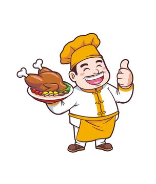 卡通中年男厨师端烤鸡形象矢量图
