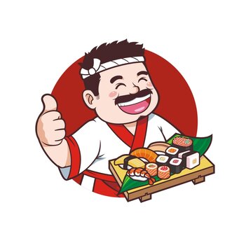 卡通中年男厨师端寿司头像矢量图