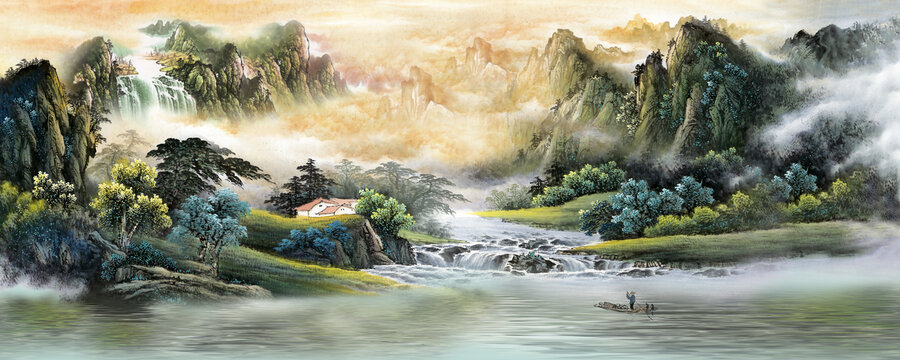 高清中式彩墨山水背景墙壁画