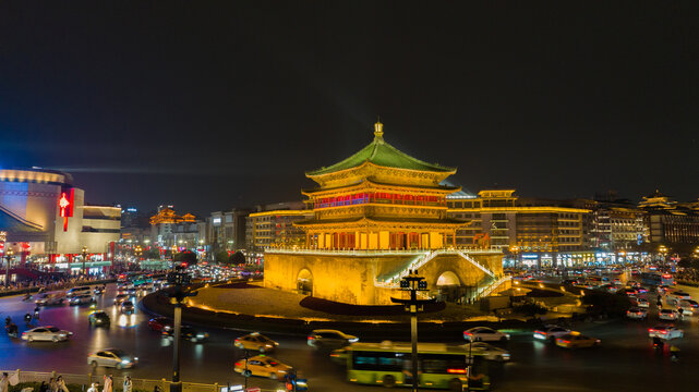 航拍西安钟楼夜景