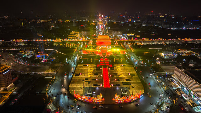 航拍西安城墙永宁门夜景