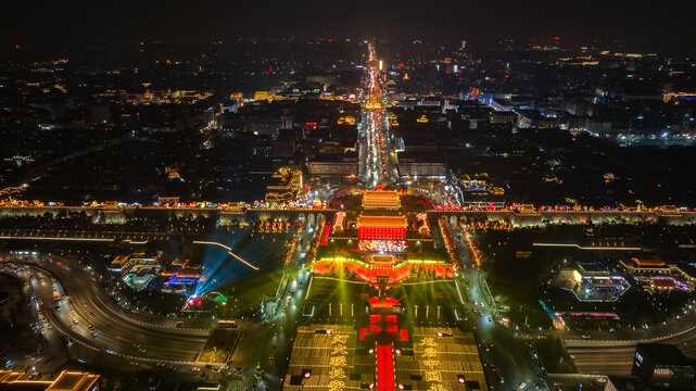 航拍西安城墙永宁门夜景