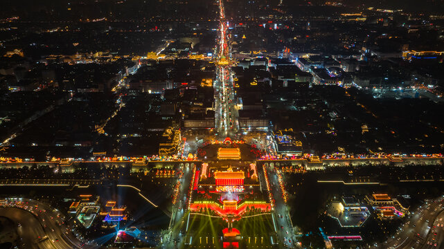 航拍西安城墙永宁门夜景