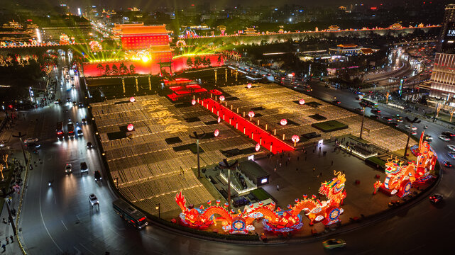 航拍西安城墙永宁门夜景