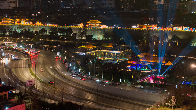 航拍西安城墙永宁门夜景