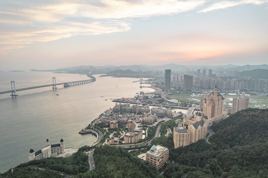 大连星海湾跨海大桥晚霞日落航拍