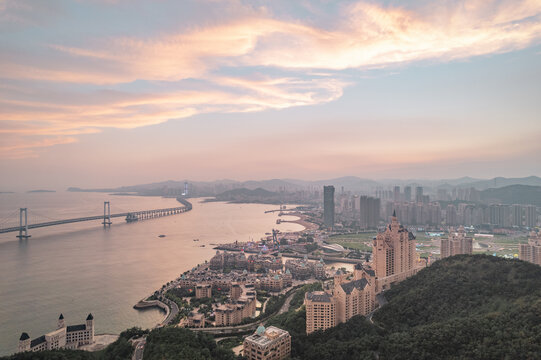 大连星海湾跨海大桥晚霞日落航拍