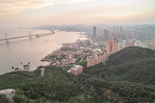 大连星海湾跨海大桥晚霞日落航拍