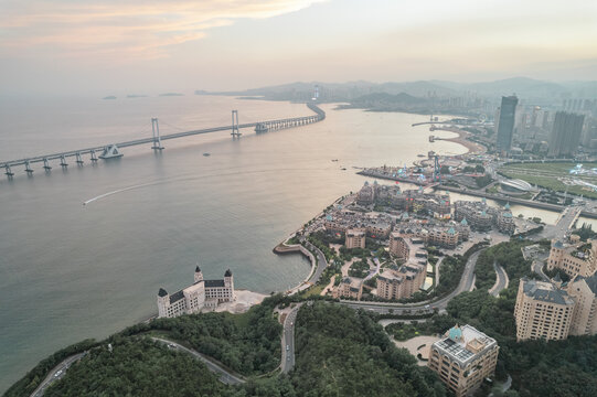 大连星海湾跨海大桥晚霞日落航拍