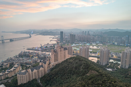 大连星海湾跨海大桥晚霞日落航拍