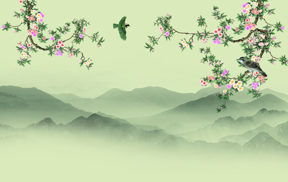 高清中式花鸟背景墙壁画