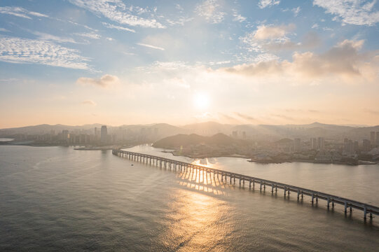 大连星海湾跨海大桥蓝天白云航拍