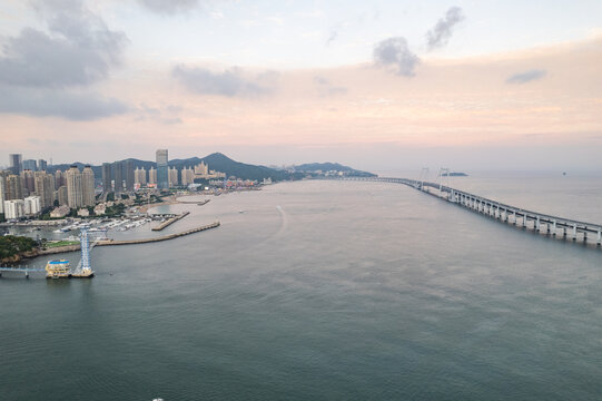 大连星海湾跨海大桥晚霞日落航拍