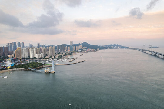 大连星海湾跨海大桥晚霞日落航拍