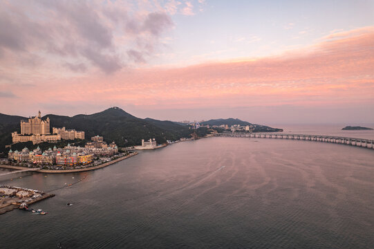 大连星海湾跨海大桥晚霞日落航拍