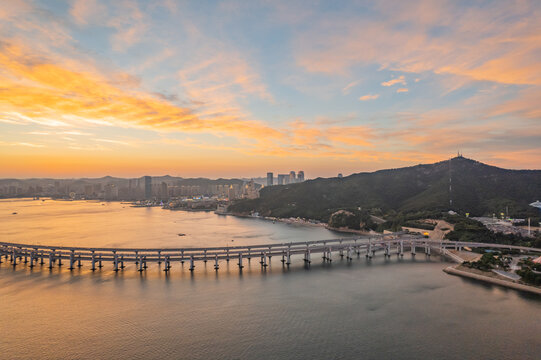 大连星海湾跨海大桥晚霞日落航拍