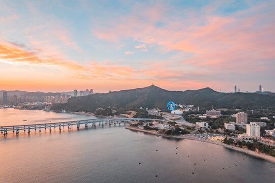 大连星海湾跨海大桥晚霞日落航拍