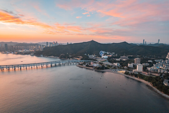 大连星海湾跨海大桥晚霞日落航拍