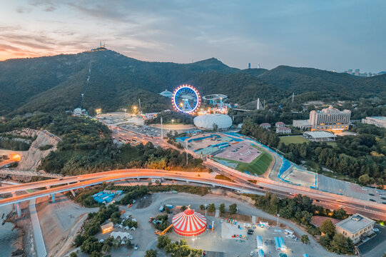 大连地标航拍城市风光日落