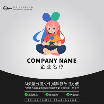 女孩玩电玩游戏LOGO