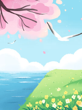 春天海边景色海鸥
