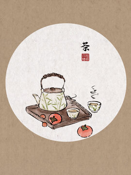 茶壶茶杯清供小品水墨风插画